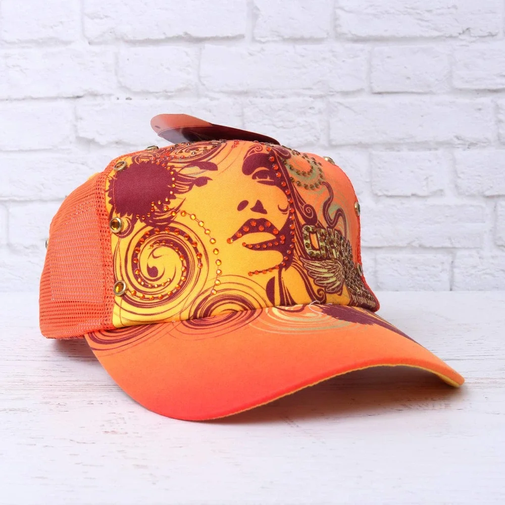 NWT Christian Audigier Crystal Rock Orange Cap Hat Rhinestone Mesh Charm Studded